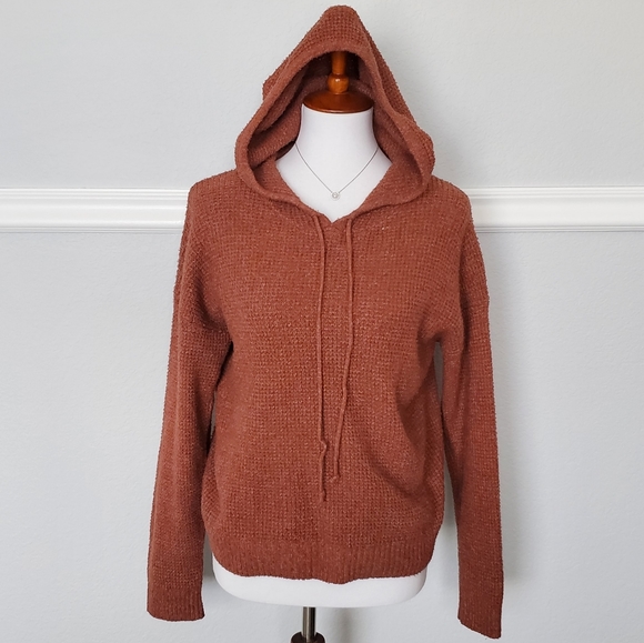 Oak + Meadow Tops - Oak + Meadow Knit Ribbed Hooded Drawstring Pullover Long Sleeve XL Brown